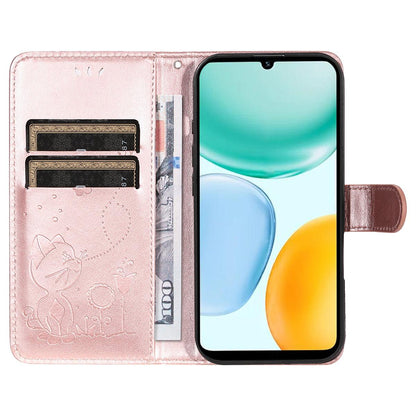 For Honor X5c Plus Cat and Bee Embossed Flip Leather Phone Case Wallet Cover with Card Slots Cash Pocket Magnetic Stand Protective Shockproof TPU PU Leather Case with Wrist Strap