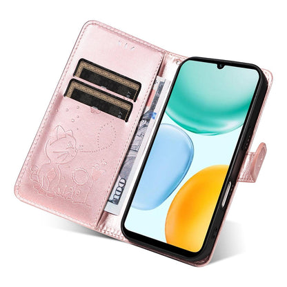 For Honor X5c Plus Cat and Bee Embossed Flip Leather Phone Case Wallet Cover with Card Slots Cash Pocket Magnetic Stand Protective Shockproof TPU PU Leather Case with Wrist Strap