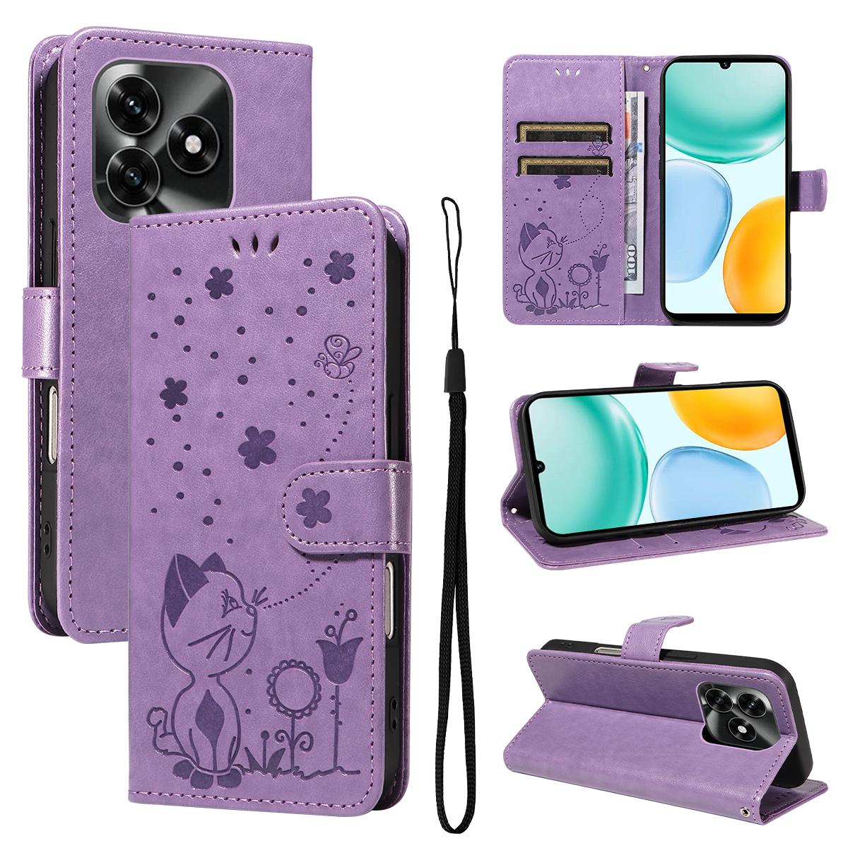 For Honor X5c Plus Cat and Bee Embossed Flip Leather Phone Case Wallet Cover with Card Slots Cash Pocket Magnetic Stand Protective Shockproof TPU PU Leather Case with Wrist Strap