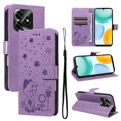 For Honor X5c Plus Cat and Bee Embossed Flip Leather Phone Case Wallet Cover with Card Slots Cash Pocket Magnetic Stand Protective Shockproof TPU PU Leather Case with Wrist Strap