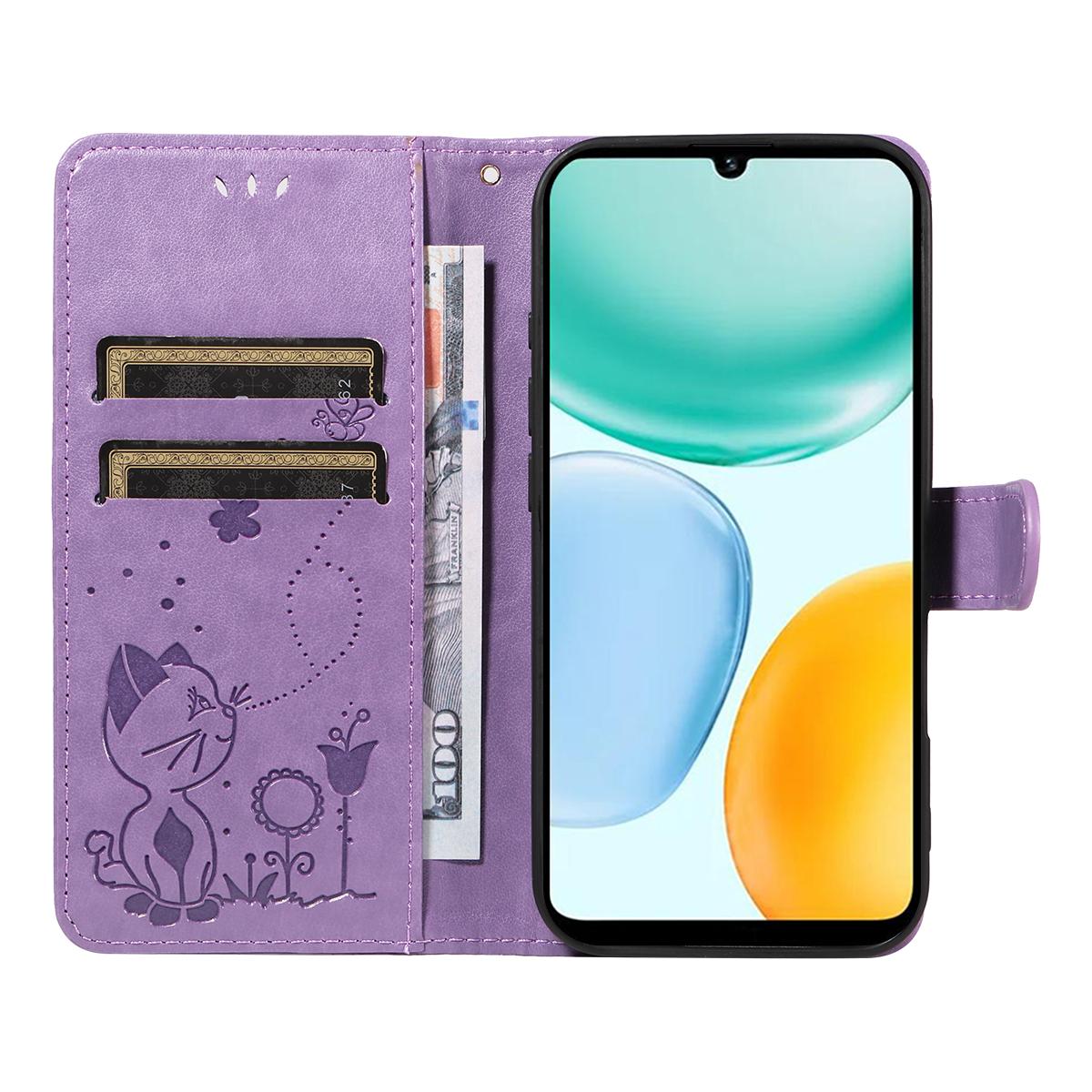 For Honor X5c Plus Cat and Bee Embossed Flip Leather Phone Case Wallet Cover with Card Slots Cash Pocket Magnetic Stand Protective Shockproof TPU PU Leather Case with Wrist Strap