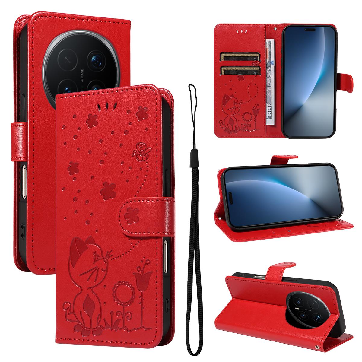 For Honor Magic8 Pro Cat and Bee Embossed Flip Leather Phone Case Wallet Cover with Card Slots Cash Pocket Magnetic Stand Protective Shockproof TPU PU Leather Case with Wrist Strap