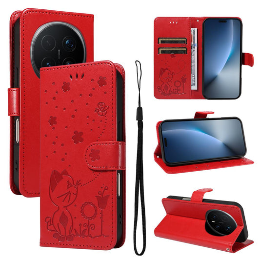For Honor Magic8 Pro Cat and Bee Embossed Flip Leather Phone Case Wallet Cover with Card Slots Cash Pocket Magnetic Stand Protective Shockproof TPU PU Leather Case with Wrist Strap