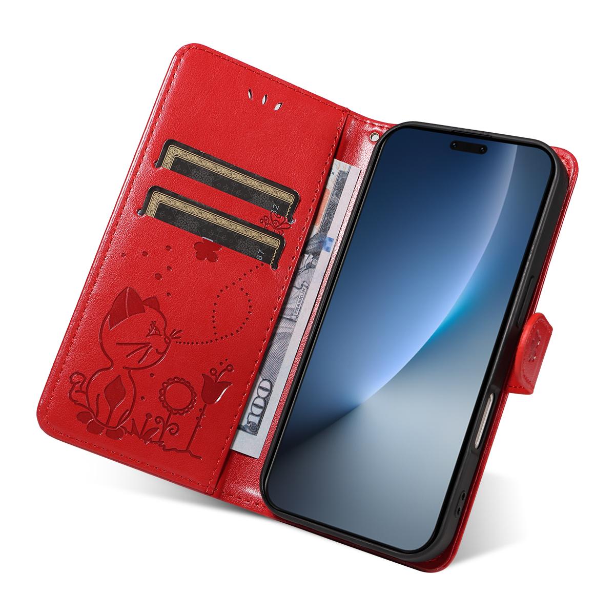 For Honor Magic8 Pro Cat and Bee Embossed Flip Leather Phone Case Wallet Cover with Card Slots Cash Pocket Magnetic Stand Protective Shockproof TPU PU Leather Case with Wrist Strap