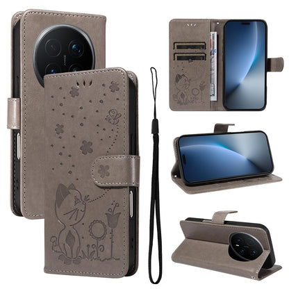 For Honor Magic8 Pro Cat and Bee Embossed Flip Leather Phone Case Wallet Cover with Card Slots Cash Pocket Magnetic Stand Protective Shockproof TPU PU Leather Case with Wrist Strap