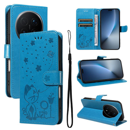 For Honor Magic8 Pro Cat and Bee Embossed Flip Leather Phone Case Wallet Cover with Card Slots Cash Pocket Magnetic Stand Protective Shockproof TPU PU Leather Case with Wrist Strap