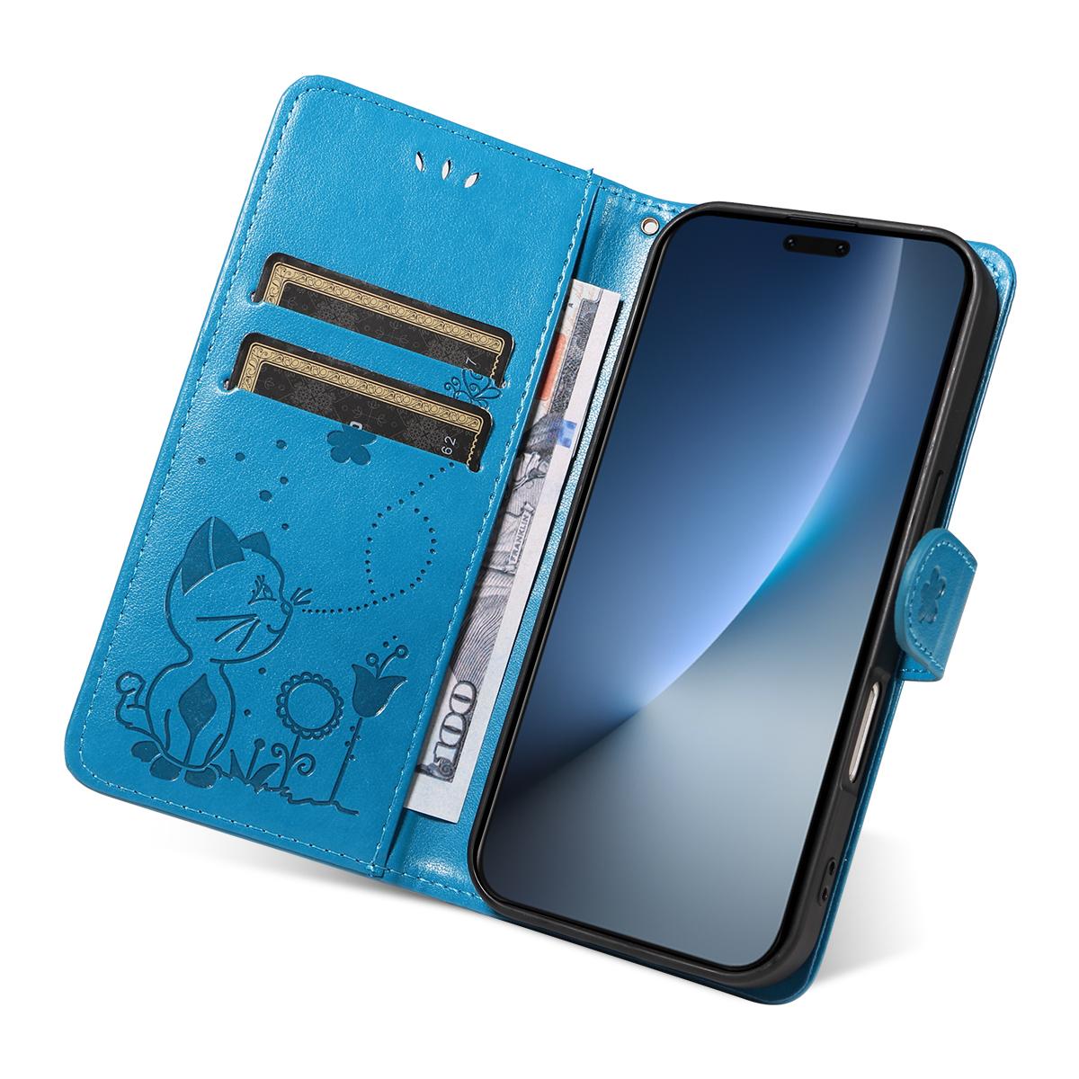 For Honor Magic8 Pro Cat and Bee Embossed Flip Leather Phone Case Wallet Cover with Card Slots Cash Pocket Magnetic Stand Protective Shockproof TPU PU Leather Case with Wrist Strap