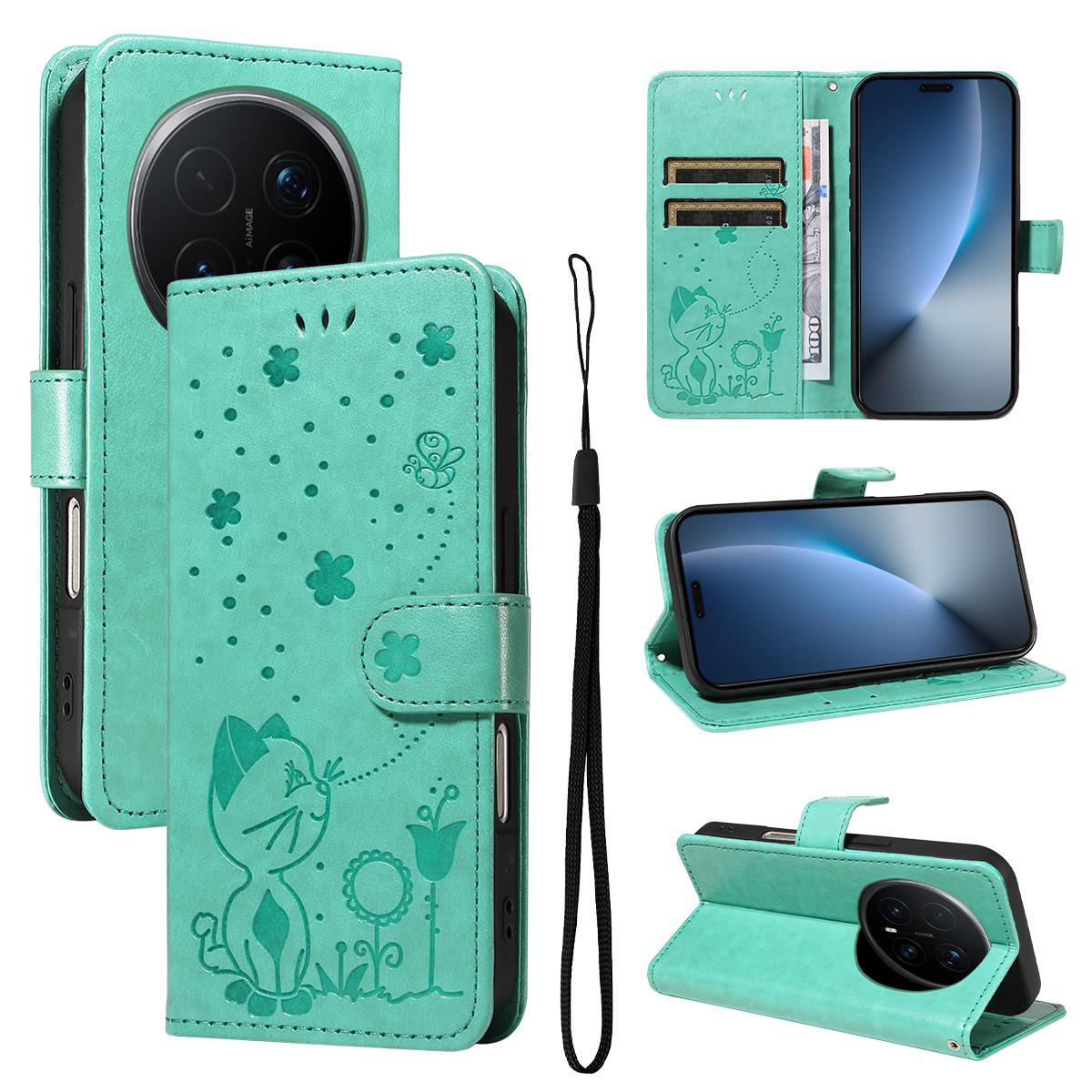 For Honor Magic8 Pro Cat and Bee Embossed Flip Leather Phone Case Wallet Cover with Card Slots Cash Pocket Magnetic Stand Protective Shockproof TPU PU Leather Case with Wrist Strap