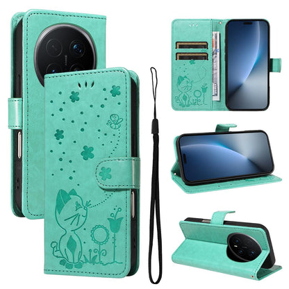 For Honor Magic8 Pro Cat and Bee Embossed Flip Leather Phone Case Wallet Cover with Card Slots Cash Pocket Magnetic Stand Protective Shockproof TPU PU Leather Case with Wrist Strap