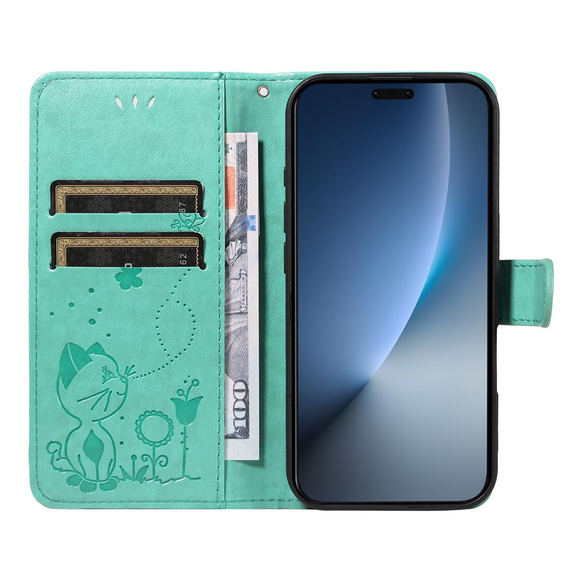 For Honor Magic8 Pro Cat and Bee Embossed Flip Leather Phone Case Wallet Cover with Card Slots Cash Pocket Magnetic Stand Protective Shockproof TPU PU Leather Case with Wrist Strap