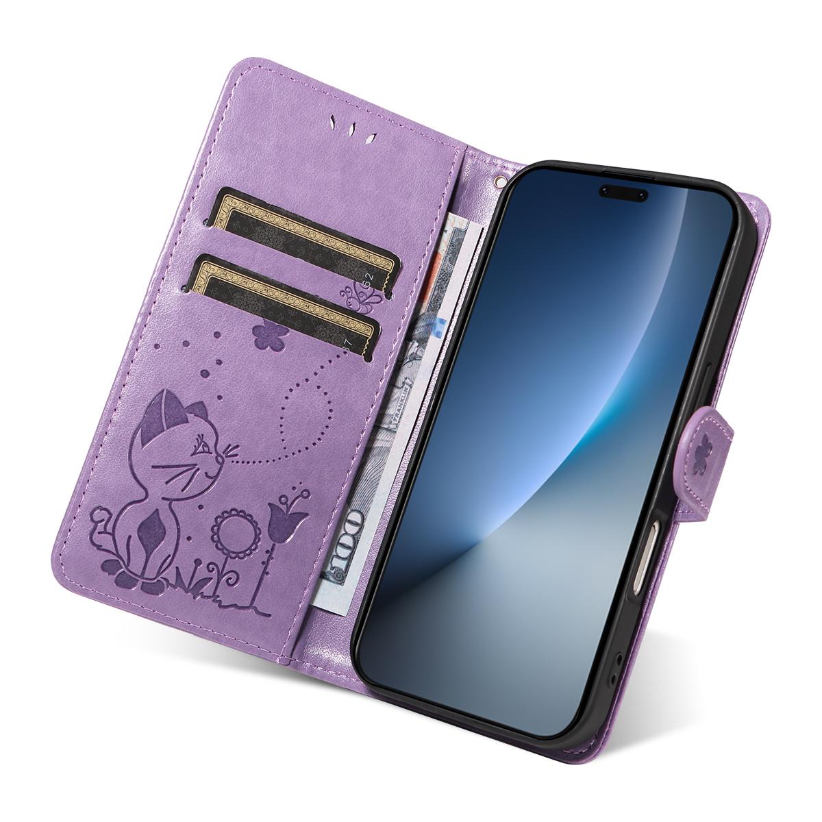 For Honor Magic8 Pro Cat and Bee Embossed Flip Leather Phone Case Wallet Cover with Card Slots Cash Pocket Magnetic Stand Protective Shockproof TPU PU Leather Case with Wrist Strap