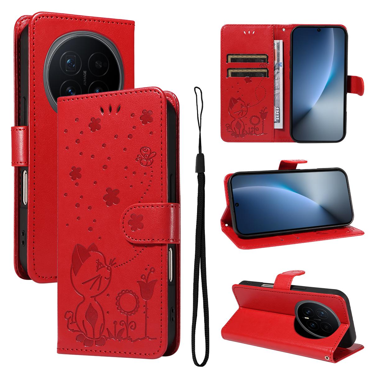 For Honor Magic8 Cat and Bee Embossed Flip Leather Phone Case Wallet Cover with Card Slots Cash Pocket Magnetic Stand Protective Shockproof TPU PU Leather Case with Wrist Strap