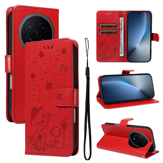 For Honor Magic8 Cat and Bee Embossed Flip Leather Phone Case Wallet Cover with Card Slots Cash Pocket Magnetic Stand Protective Shockproof TPU PU Leather Case with Wrist Strap
