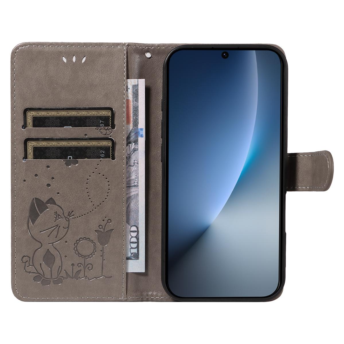 For Honor Magic8 Cat and Bee Embossed Flip Leather Phone Case Wallet Cover with Card Slots Cash Pocket Magnetic Stand Protective Shockproof TPU PU Leather Case with Wrist Strap