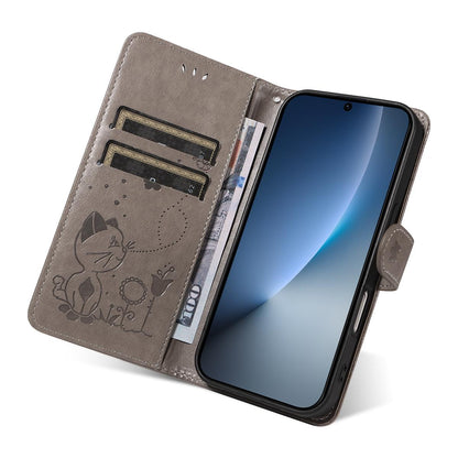 For Honor Magic8 Cat and Bee Embossed Flip Leather Phone Case Wallet Cover with Card Slots Cash Pocket Magnetic Stand Protective Shockproof TPU PU Leather Case with Wrist Strap