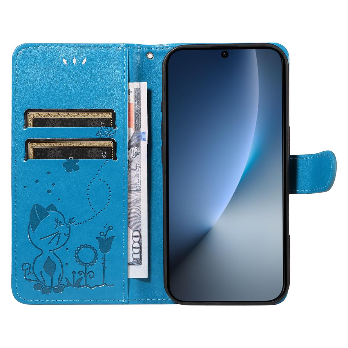 For Honor Magic8 Cat and Bee Embossed Flip Leather Phone Case Wallet Cover with Card Slots Cash Pocket Magnetic Stand Protective Shockproof TPU PU Leather Case with Wrist Strap