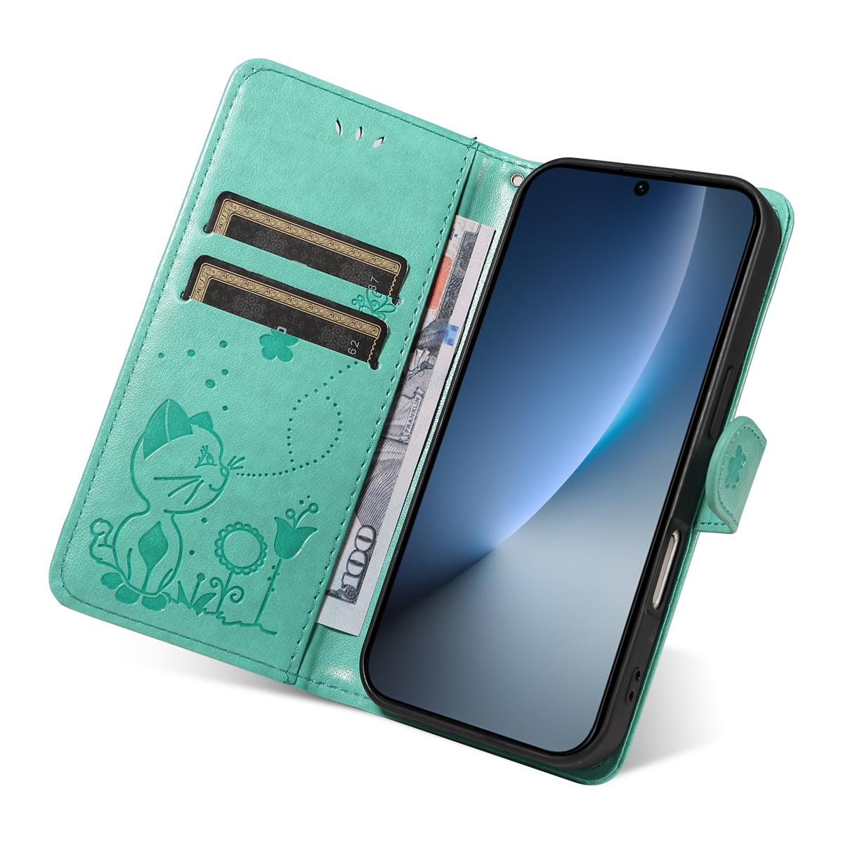 For Honor Magic8 Cat and Bee Embossed Flip Leather Phone Case Wallet Cover with Card Slots Cash Pocket Magnetic Stand Protective Shockproof TPU PU Leather Case with Wrist Strap