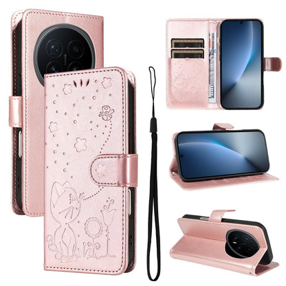 For Honor Magic8 Cat and Bee Embossed Flip Leather Phone Case Wallet Cover with Card Slots Cash Pocket Magnetic Stand Protective Shockproof TPU PU Leather Case with Wrist Strap