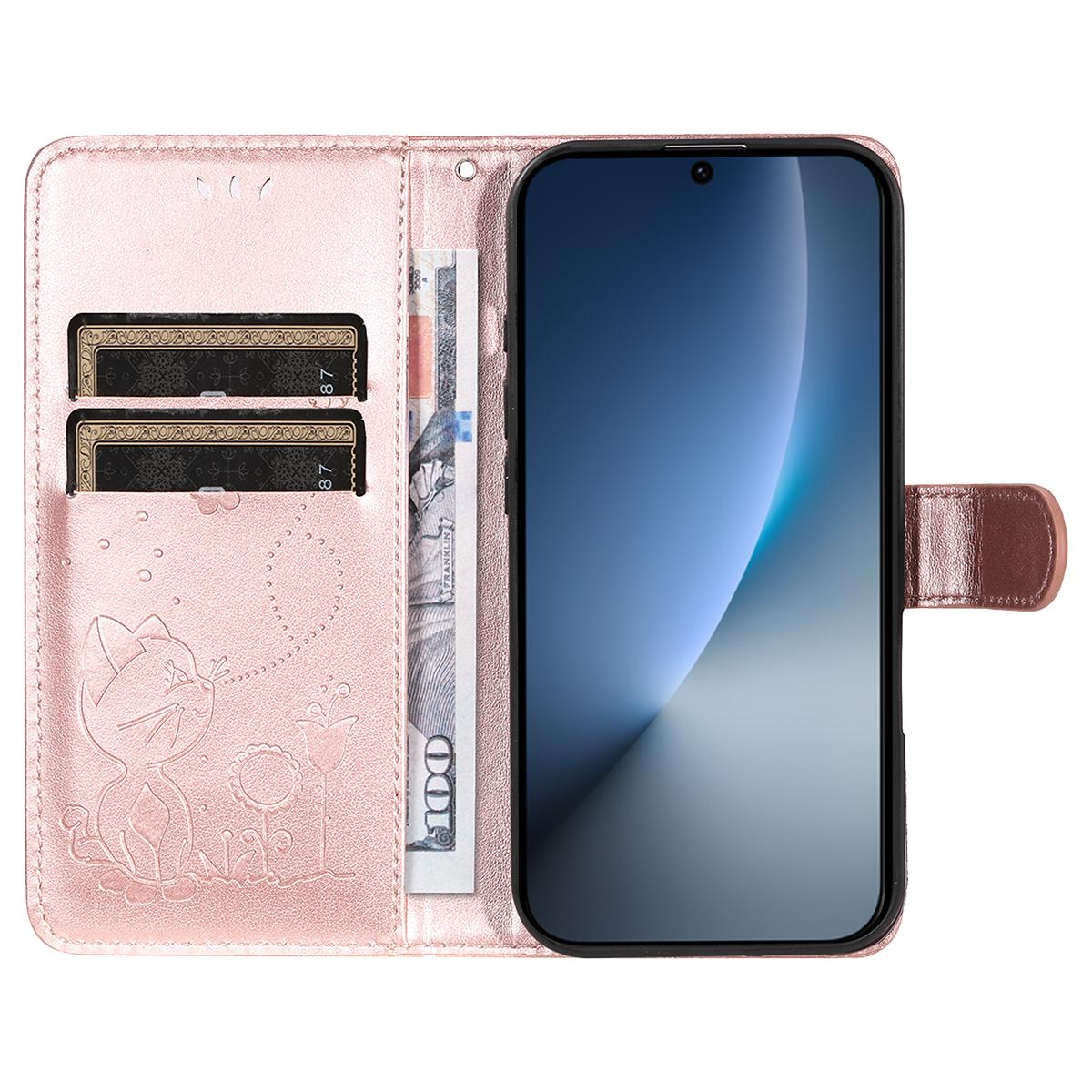 For Honor Magic8 Cat and Bee Embossed Flip Leather Phone Case Wallet Cover with Card Slots Cash Pocket Magnetic Stand Protective Shockproof TPU PU Leather Case with Wrist Strap