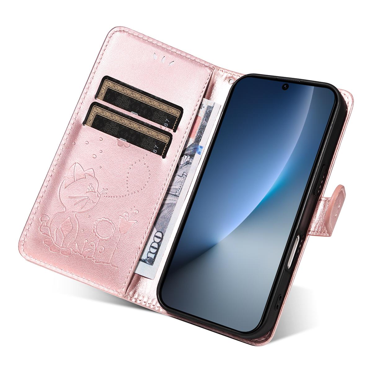 For Honor Magic8 Cat and Bee Embossed Flip Leather Phone Case Wallet Cover with Card Slots Cash Pocket Magnetic Stand Protective Shockproof TPU PU Leather Case with Wrist Strap
