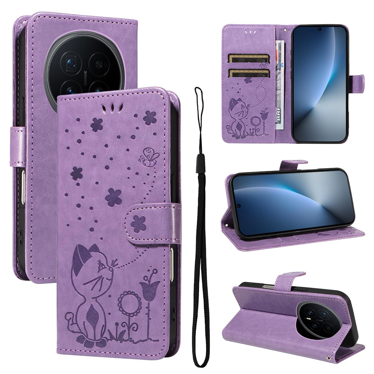 For Honor Magic8 Cat and Bee Embossed Flip Leather Phone Case Wallet Cover with Card Slots Cash Pocket Magnetic Stand Protective Shockproof TPU PU Leather Case with Wrist Strap