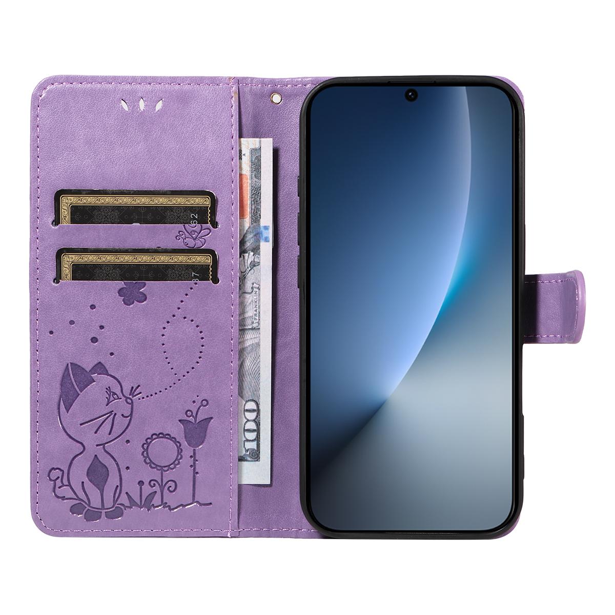 For Honor Magic8 Cat and Bee Embossed Flip Leather Phone Case Wallet Cover with Card Slots Cash Pocket Magnetic Stand Protective Shockproof TPU PU Leather Case with Wrist Strap
