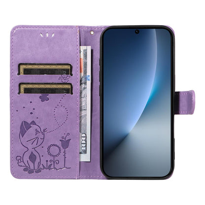 For Honor Magic8 Cat and Bee Embossed Flip Leather Phone Case Wallet Cover with Card Slots Cash Pocket Magnetic Stand Protective Shockproof TPU PU Leather Case with Wrist Strap