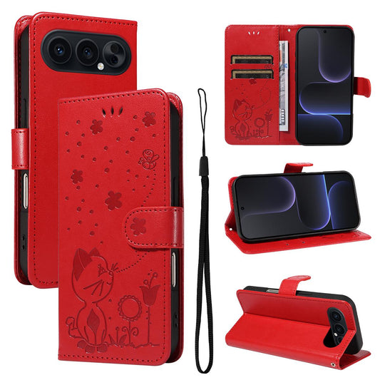 For Honor 500 Pro 155.8mm Cat and Bee Embossed Flip Leather Phone Case Wallet Cover with Card Slots Cash Pocket Magnetic Stand Protective Shockproof TPU PU Leather Case with Wrist Strap
