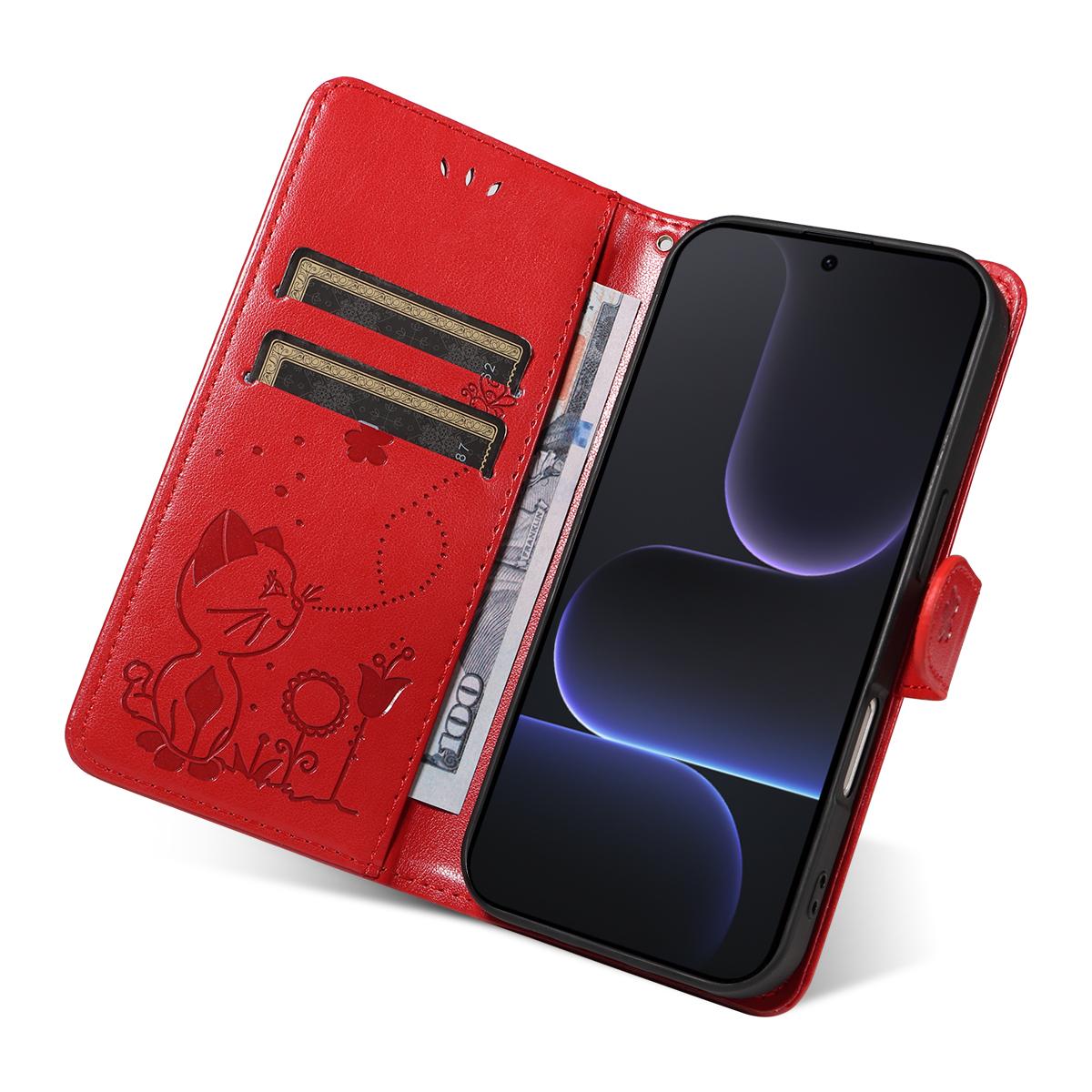 For Honor 500 Pro 155.8mm Cat and Bee Embossed Flip Leather Phone Case Wallet Cover with Card Slots Cash Pocket Magnetic Stand Protective Shockproof TPU PU Leather Case with Wrist Strap