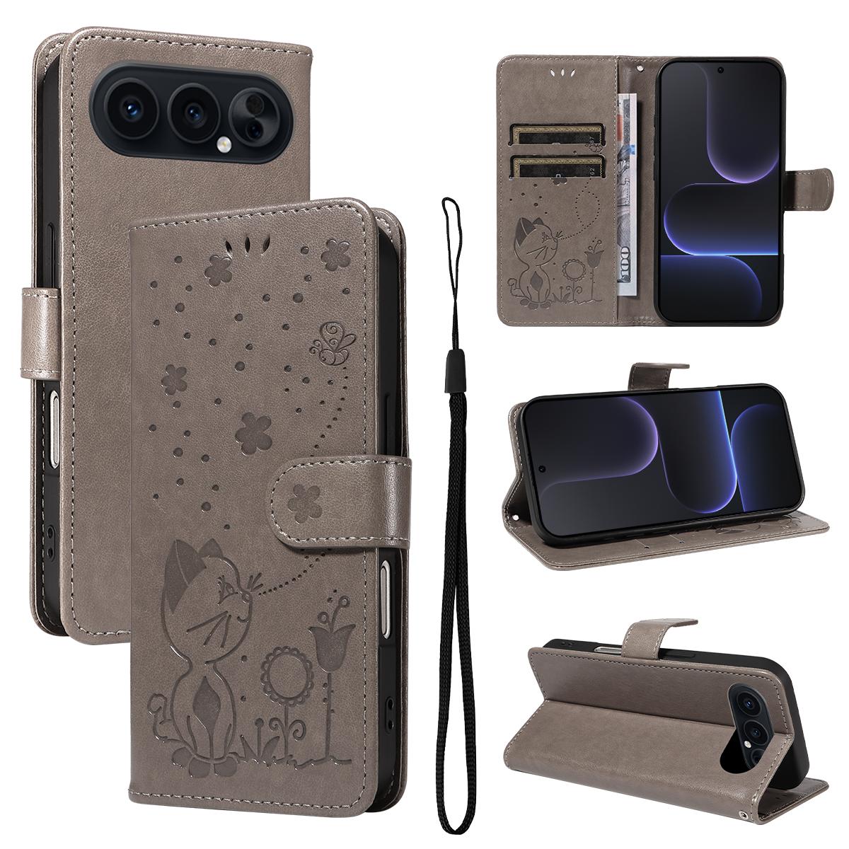 For Honor 500 Pro 155.8mm Cat and Bee Embossed Flip Leather Phone Case Wallet Cover with Card Slots Cash Pocket Magnetic Stand Protective Shockproof TPU PU Leather Case with Wrist Strap