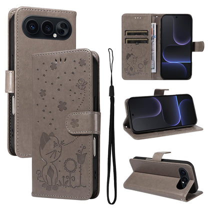 For Honor 500 Pro 155.8mm Cat and Bee Embossed Flip Leather Phone Case Wallet Cover with Card Slots Cash Pocket Magnetic Stand Protective Shockproof TPU PU Leather Case with Wrist Strap