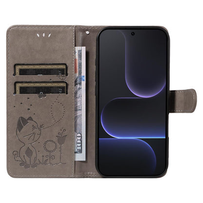 For Honor 500 Pro 155.8mm Cat and Bee Embossed Flip Leather Phone Case Wallet Cover with Card Slots Cash Pocket Magnetic Stand Protective Shockproof TPU PU Leather Case with Wrist Strap