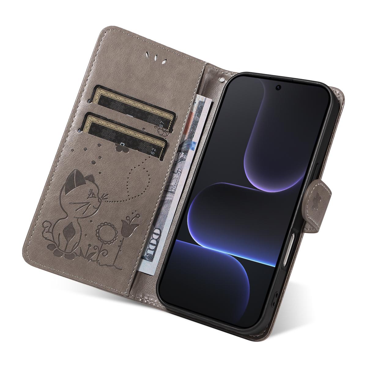 For Honor 500 Pro 155.8mm Cat and Bee Embossed Flip Leather Phone Case Wallet Cover with Card Slots Cash Pocket Magnetic Stand Protective Shockproof TPU PU Leather Case with Wrist Strap