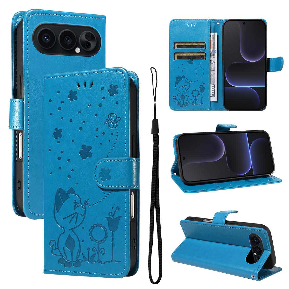 For Honor 500 Pro 155.8mm Cat and Bee Embossed Flip Leather Phone Case Wallet Cover with Card Slots Cash Pocket Magnetic Stand Protective Shockproof TPU PU Leather Case with Wrist Strap
