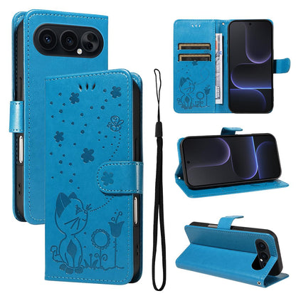 For Honor 500 Pro 155.8mm Cat and Bee Embossed Flip Leather Phone Case Wallet Cover with Card Slots Cash Pocket Magnetic Stand Protective Shockproof TPU PU Leather Case with Wrist Strap