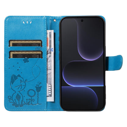 For Honor 500 Pro 155.8mm Cat and Bee Embossed Flip Leather Phone Case Wallet Cover with Card Slots Cash Pocket Magnetic Stand Protective Shockproof TPU PU Leather Case with Wrist Strap