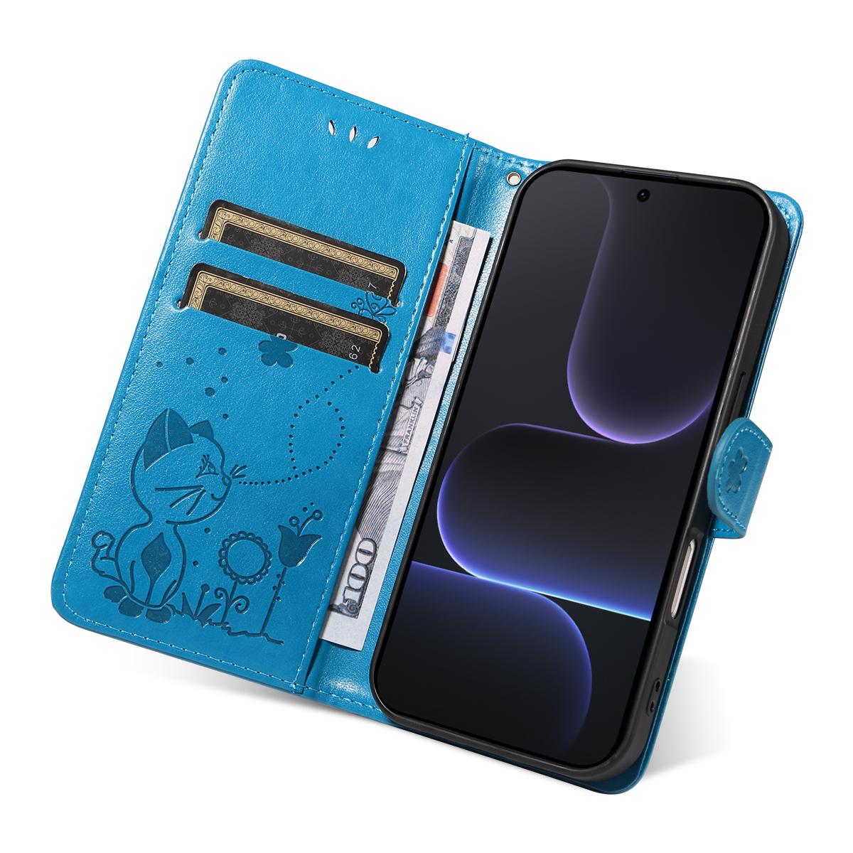 For Honor 500 Pro 155.8mm Cat and Bee Embossed Flip Leather Phone Case Wallet Cover with Card Slots Cash Pocket Magnetic Stand Protective Shockproof TPU PU Leather Case with Wrist Strap