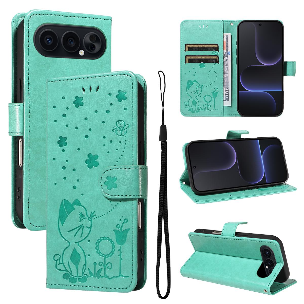 For Honor 500 Pro 155.8mm Cat and Bee Embossed Flip Leather Phone Case Wallet Cover with Card Slots Cash Pocket Magnetic Stand Protective Shockproof TPU PU Leather Case with Wrist Strap