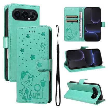 For Honor 500 Pro 155.8mm Cat and Bee Embossed Flip Leather Phone Case Wallet Cover with Card Slots Cash Pocket Magnetic Stand Protective Shockproof TPU PU Leather Case with Wrist Strap