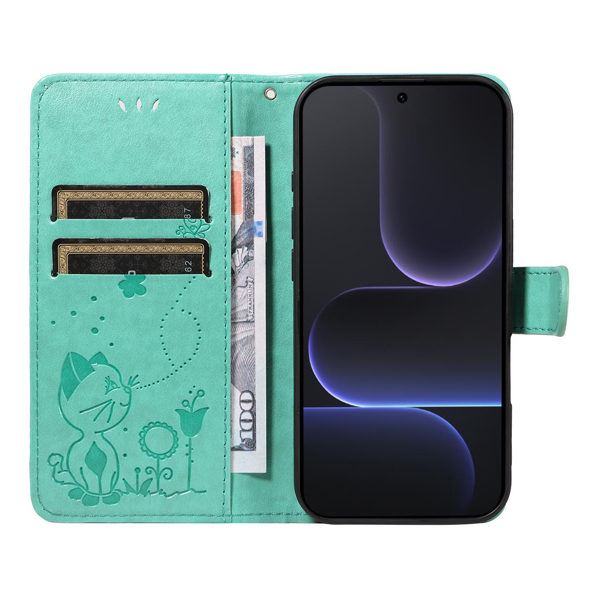 For Honor 500 Pro 155.8mm Cat and Bee Embossed Flip Leather Phone Case Wallet Cover with Card Slots Cash Pocket Magnetic Stand Protective Shockproof TPU PU Leather Case with Wrist Strap