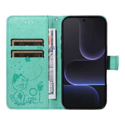 For Honor 500 Pro 155.8mm Cat and Bee Embossed Flip Leather Phone Case Wallet Cover with Card Slots Cash Pocket Magnetic Stand Protective Shockproof TPU PU Leather Case with Wrist Strap
