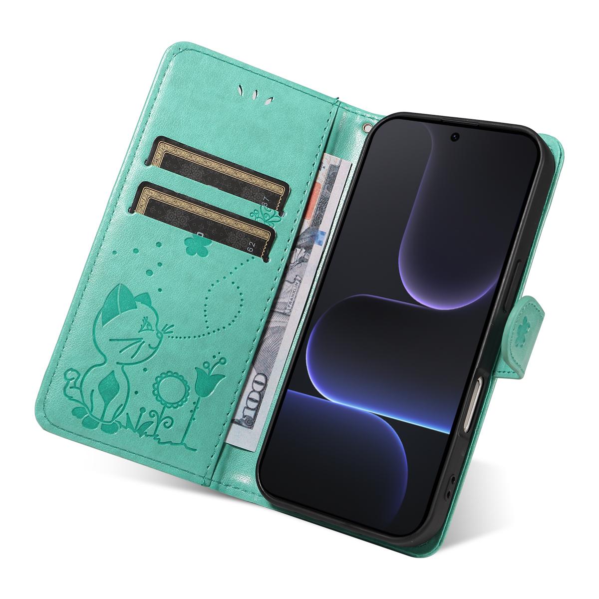 For Honor 500 Pro 155.8mm Cat and Bee Embossed Flip Leather Phone Case Wallet Cover with Card Slots Cash Pocket Magnetic Stand Protective Shockproof TPU PU Leather Case with Wrist Strap