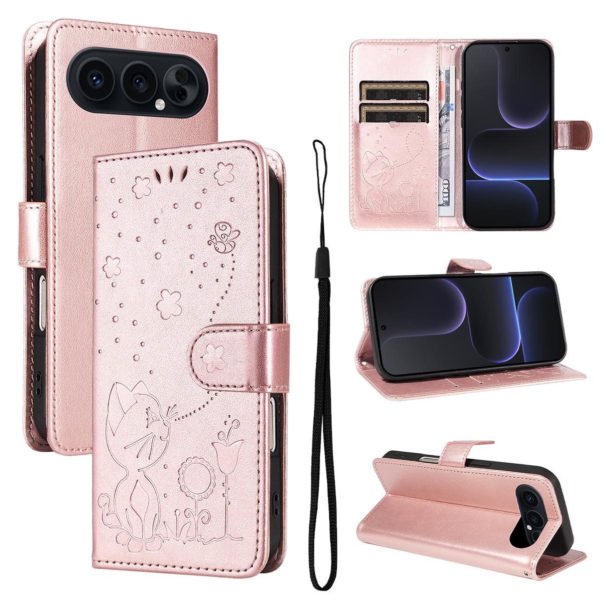 For Honor 500 Pro 155.8mm Cat and Bee Embossed Flip Leather Phone Case Wallet Cover with Card Slots Cash Pocket Magnetic Stand Protective Shockproof TPU PU Leather Case with Wrist Strap