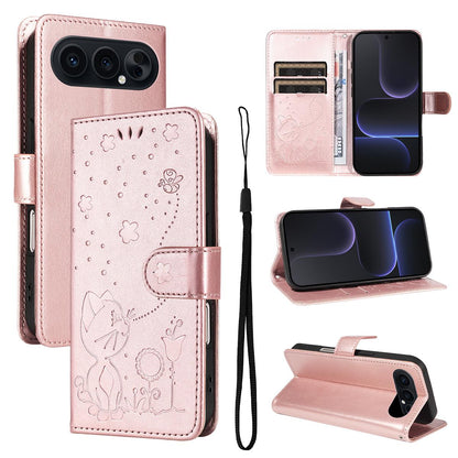 For Honor 500 Pro 155.8mm Cat and Bee Embossed Flip Leather Phone Case Wallet Cover with Card Slots Cash Pocket Magnetic Stand Protective Shockproof TPU PU Leather Case with Wrist Strap