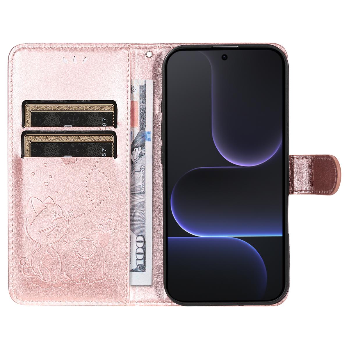 For Honor 500 Pro 155.8mm Cat and Bee Embossed Flip Leather Phone Case Wallet Cover with Card Slots Cash Pocket Magnetic Stand Protective Shockproof TPU PU Leather Case with Wrist Strap