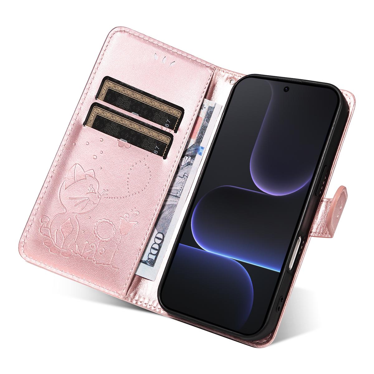 For Honor 500 Pro 155.8mm Cat and Bee Embossed Flip Leather Phone Case Wallet Cover with Card Slots Cash Pocket Magnetic Stand Protective Shockproof TPU PU Leather Case with Wrist Strap