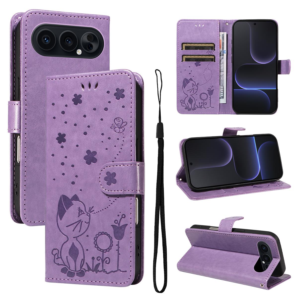 For Honor 500 Pro 155.8mm Cat and Bee Embossed Flip Leather Phone Case Wallet Cover with Card Slots Cash Pocket Magnetic Stand Protective Shockproof TPU PU Leather Case with Wrist Strap