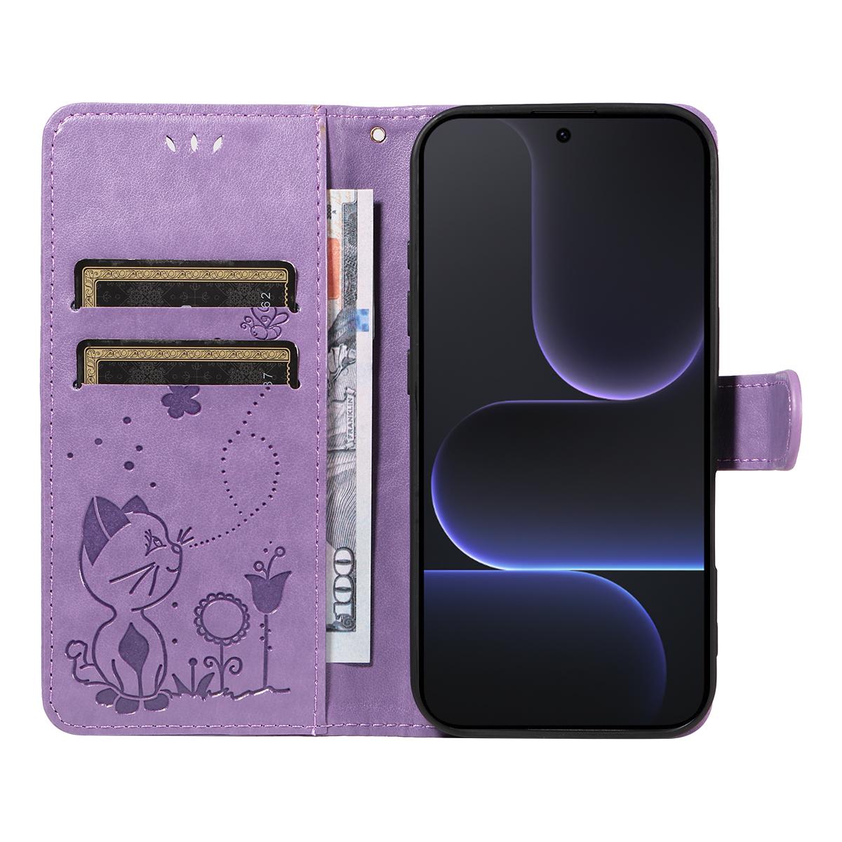 For Honor 500 Pro 155.8mm Cat and Bee Embossed Flip Leather Phone Case Wallet Cover with Card Slots Cash Pocket Magnetic Stand Protective Shockproof TPU PU Leather Case with Wrist Strap