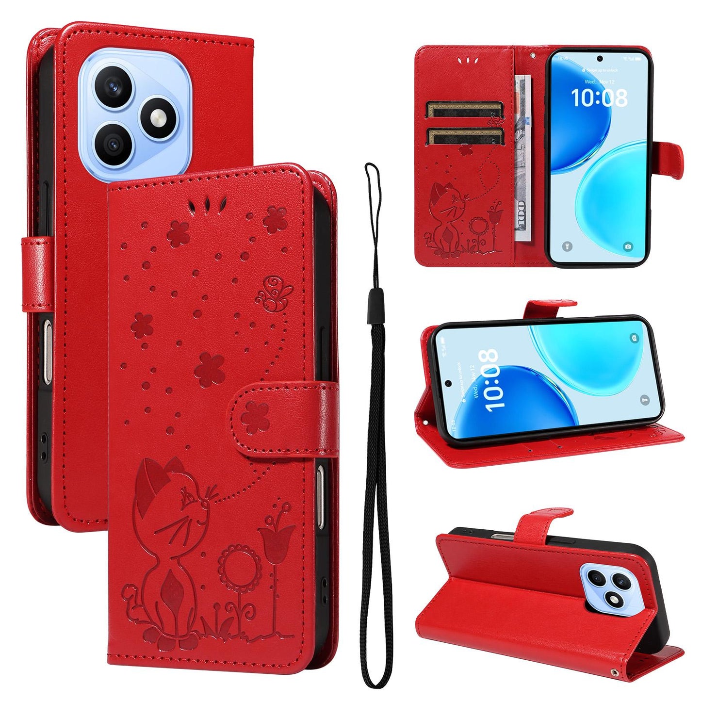 For Honor X8d 4G Cat and Bee Embossed Flip Leather Phone Case Wallet Cover with Card Slots Cash Pocket Magnetic Stand Protective Shockproof TPU PU Leather Case with Wrist Strap