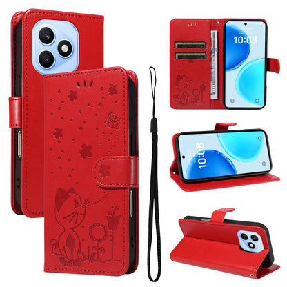 For Honor X8d 4G Cat and Bee Embossed Flip Leather Phone Case Wallet Cover with Card Slots Cash Pocket Magnetic Stand Protective Shockproof TPU PU Leather Case with Wrist Strap